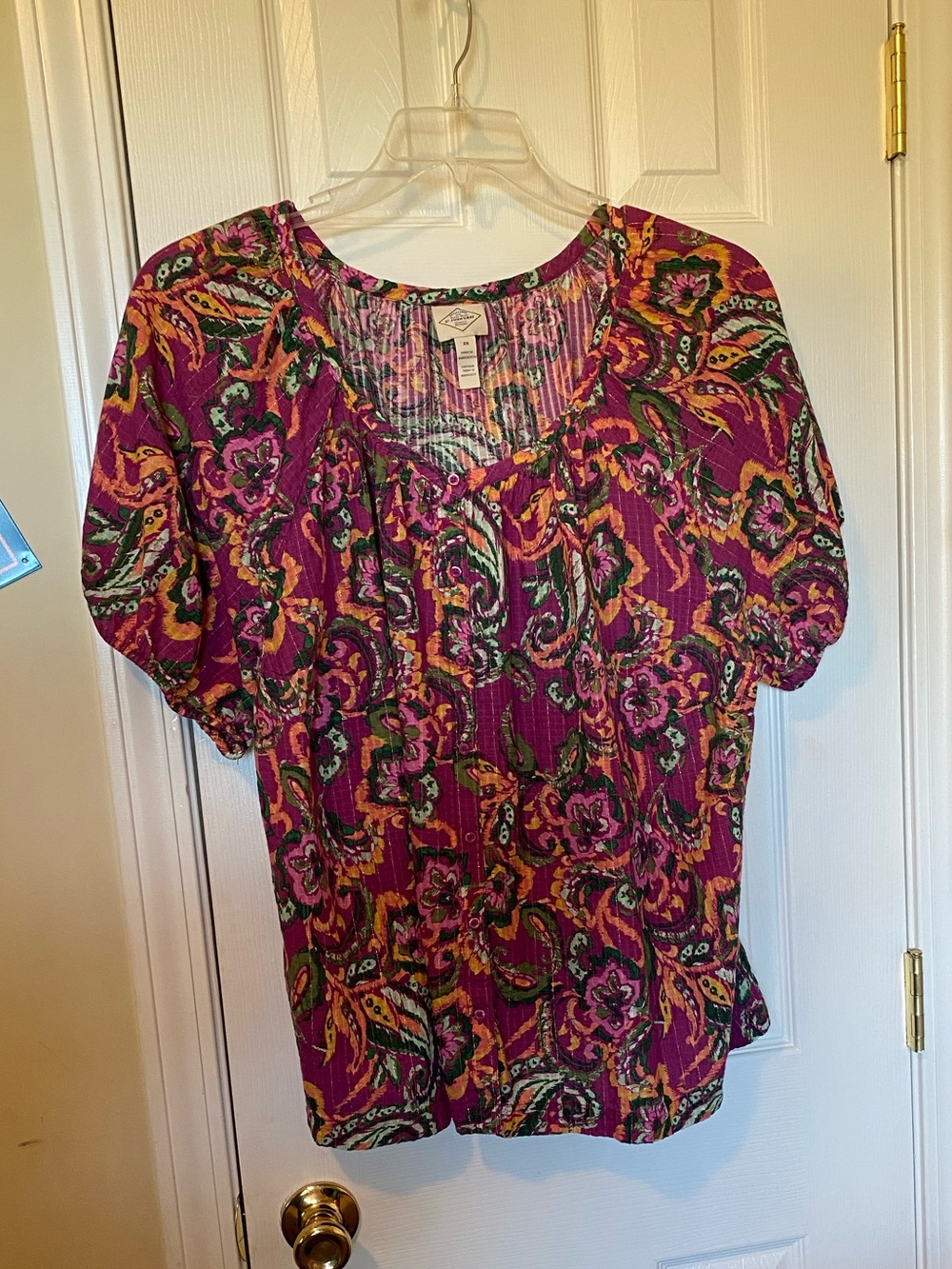 St. John’s Bay Magenta Floral Paisley Puff-Sleeve Blouse